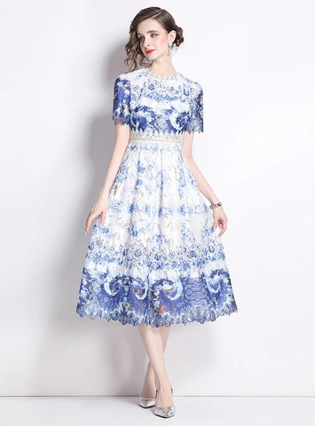 SLIM AND HOLLOW LACE PRINT MEDIUM LENGTH DRESS