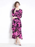 RETRO PRINTED CHIFFON SLIM RUFFLED DRESS