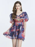 RETRO PRINT MINI BUBBLE SLEEVE DRESS