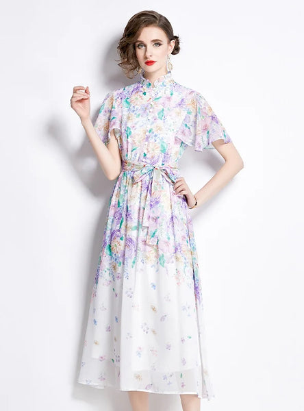 SMALL FLYING SLEEVES RUFFLED FLORAL DRESS
