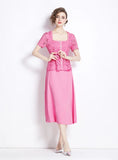 PINK LACE FAKE TWO-PIECE SHORT-SLEEVED DRESS