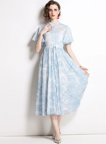 DRAWSTRING SLIM PRINT SHORT SLEEVE DRESS