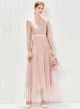 LONG SLEEVE LACE PLEATED GAUZE DRESS