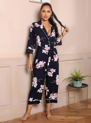 FASHION PRINT LONG SLEEVE JUMPSUIT PAJAMAS