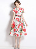 RETRO PRINTED ROUND NECK SLIM SHORT SLEEVE DRESS