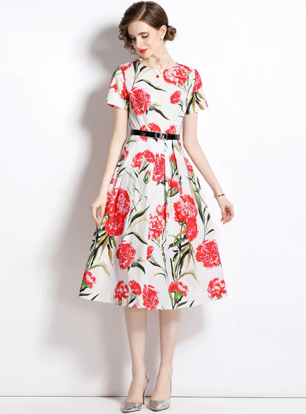RETRO PRINTED ROUND NECK SLIM SHORT SLEEVE DRESS