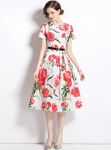 RETRO PRINTED ROUND NECK SLIM SHORT SLEEVE DRESS