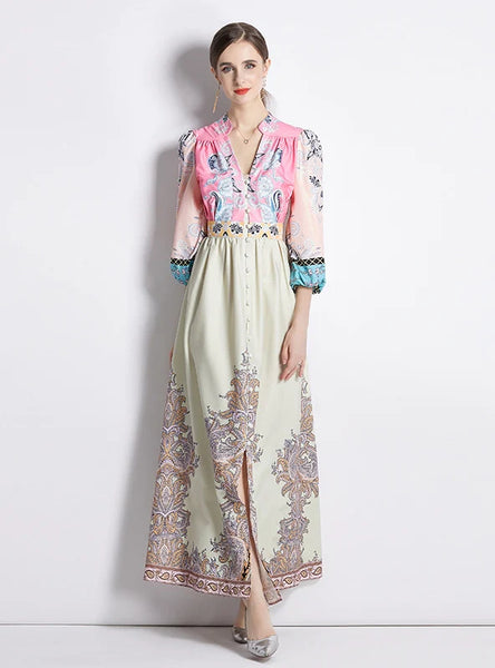 V-NECK LANTERN SLEEVE SLIM PRINTED DRESS