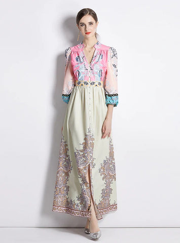 V-NECK LANTERN SLEEVE SLIM PRINTED DRESS