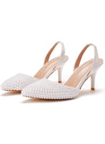 POINTED WHITE PEARL STILETTO HEELS SANDALS