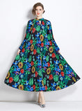 PRINTED PLEATED FRINGED BELT DRESS