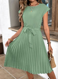 SUMMER LACE-UP SOLID COLOR PLEATED DRESS