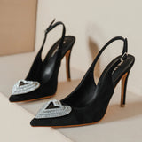 POINTED HEART-SHAPED METAL RHINESTONE STILETTO SANDALS
