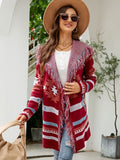 STYLISH LOOSE HOODED COAT TASSEL GEOMETRIC JACQUARD SWEATER CARDIGAN