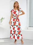 SHORT-SLEEVED V-NECK ROSE PRINT DRESS