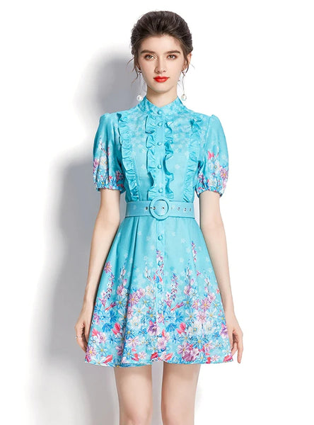 LANTERN SLEEVE SHORT RUFFLED PRINTED DRESS