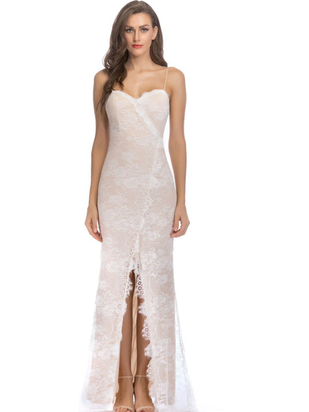 NIGHTCLUB V-NECK SLING SPLIT WHITE LACE DRESS
