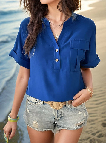 SHORT-SLEEVED SOLID COLOR V-NECK SHIRT