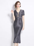 V-NECK RHINESTONE FISHTAIL DRESS
