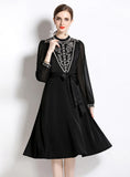 EMBROIDERED PERSPECTIVE BUBBLE SLEEVE BELT DRESS