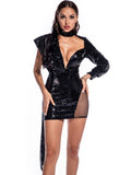 MESH STITCHING SEQUINED HIGH NECK DRESS