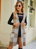 STYLISH LONG SLEEVELESS JACQUARD PLAID VEST SWEATER COAT