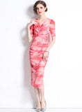 PINK SMUDGE GRADIENT GAUZE V-NECK DRESS