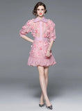 FLOWER BUBBLE SLEEVE TOP AND SKIRT TWO-PIECE SUIT