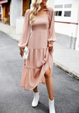 SOLID COLOR SQUARE COLLAR LONG SLEEVE DRESS