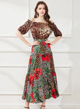 LEOPARD PRINT SHORT-SLEEVED SHIRT+FLOWER SKIRT SUIT