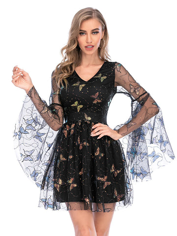 RETRO MESH LONG SLEEVE SEQUINED DRESS