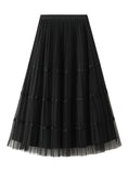 High Waist Lace Stitching Pleats on Both Sides of Mesh Skirt
