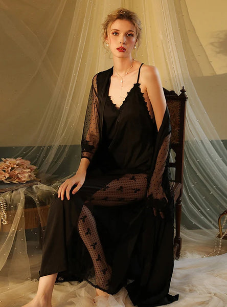 FASHION SEXY SUSPENDERS LONG-SLEEVED ICE SILK PAJAMAS