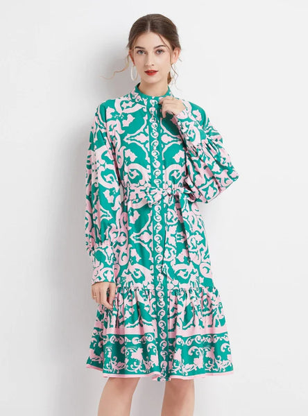 PRINTED LANTERN SLEEVE PALACE RETRO DRESS