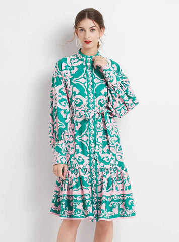PRINTED LANTERN SLEEVE PALACE RETRO DRESS