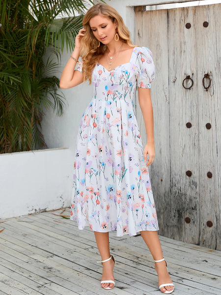 RETRO FLORAL BUBBLE SLEEVE DRESS