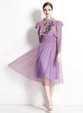 PURPLE LONG SLEEVE LACE EMBROIDERY GAUZE DRESS
