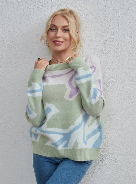 CLASSY FASHION CONTRAST COLOR PULLOVER SWEATER