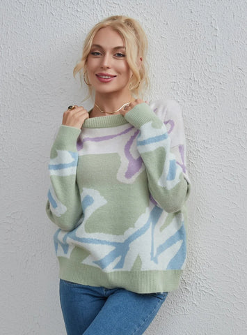 CLASSY FASHION CONTRAST COLOR PULLOVER SWEATER