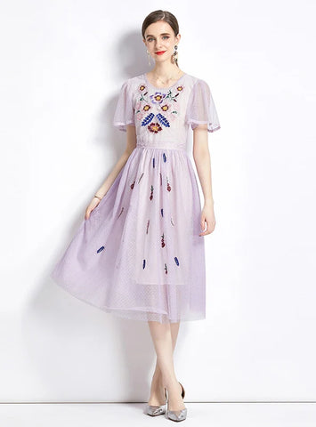 MESH ROUND NECK SHORT SLEEVE EMBROIDERY DRESS
