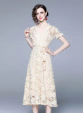 SHORT-SLEEVED LACE V-NECK DRESS
