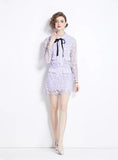 PURPLE STITCHING LACE TOP+SKIRT TWO-PIECE SUIT