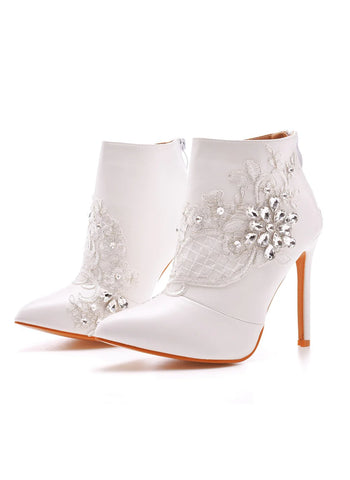 THIN-HEELED POINTED LACE RHINESTONE BOOTS