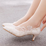 LACE MESH FLOWER POINTED HIGH HEEL BRIDE SHOES
