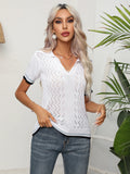 HOLLOW STRIPED LAPEL SHORT-SLEEVED SWEATER TOP