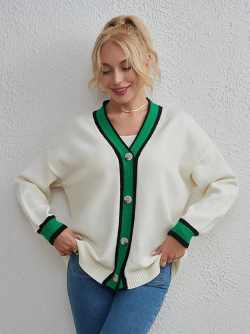 FASHION CONTRAST CARDIGAN LOOSE KNIT SWEATER