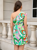 FASHION PRINTED HIGH WAIST ONE SHOULDER DRESS