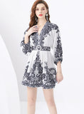 STAND-UP COLLAR LANTERN SLEEVE PRINTED SHORT MINI DRESS