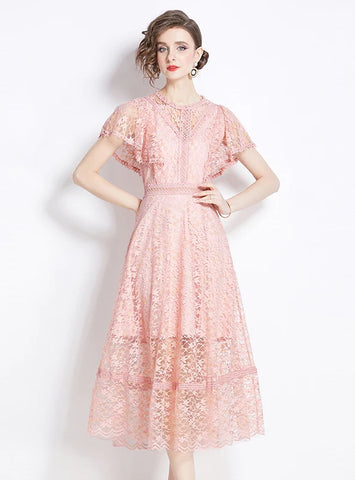LACE SHORT SLEEVE SLIM WAIST DRESS