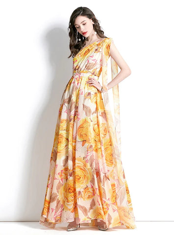 ONE-SHOULDER HOLIDAY PRINTED LONG DESS